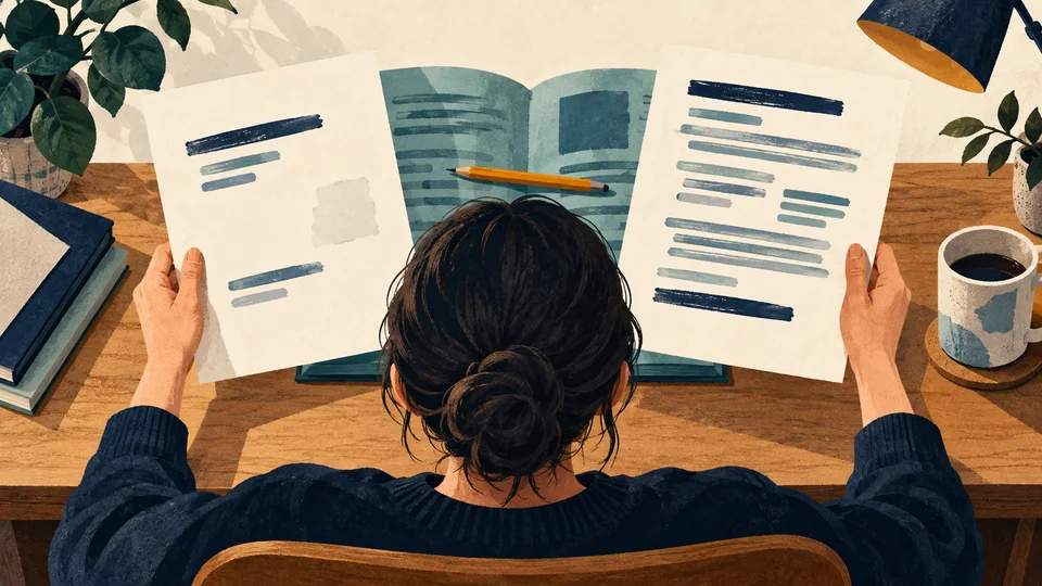 二つの回答案を手順書と見比べ、AIの出力を評価する人